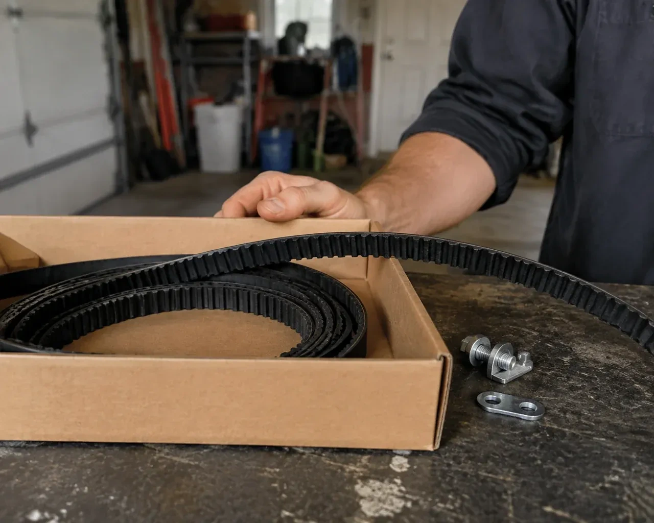 A toothed black drive belt lies in an open cardboard box beside small metal fittings on a garage workbench. — Belt-Drive Opener Repair, Toronto