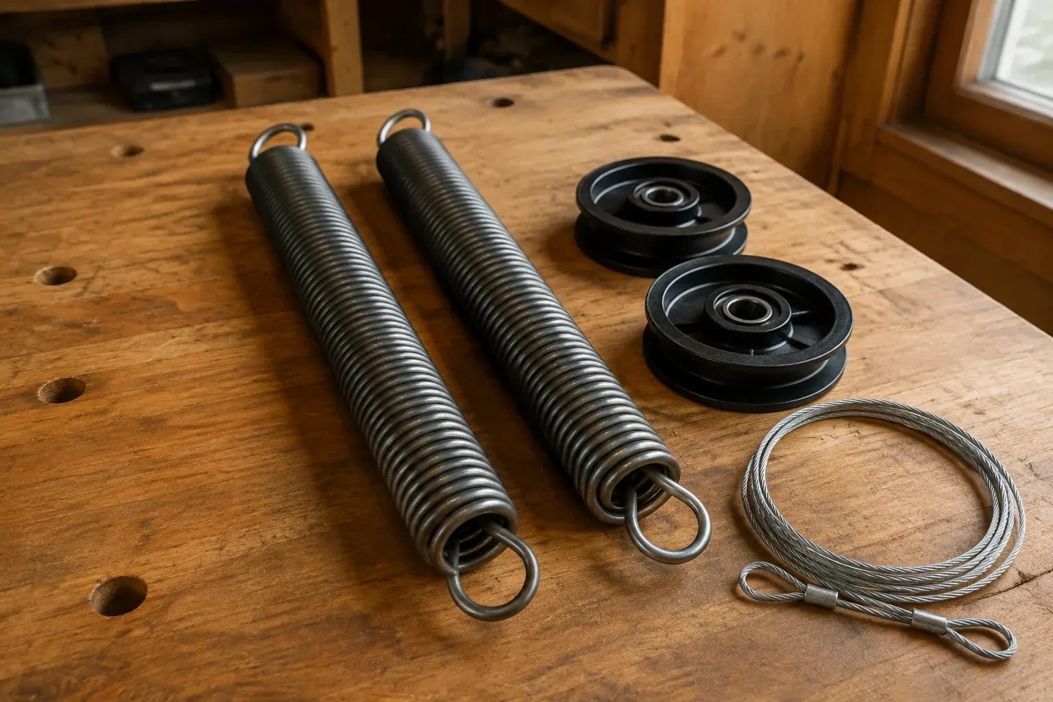 Two coiled extension springs with looped ends, two black pulleys and a loop of steel cable on a worn wooden workbench. — Extension Spring Replacement, Toronto