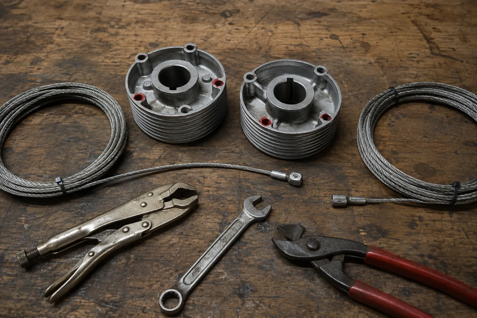 Pair of cast metal cable drums, two coiled steel cables, locking pliers, a combination wrench and red-handled cutters on a wooden bench. — Parkdale